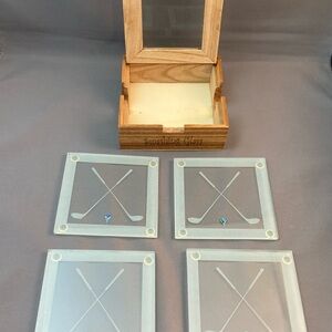 Smashing Glass Coasters with wooden storage box. Golf theme